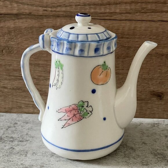 Studio Art Pottery Hand Painted Vegetable and Ribbon Motif Covered Pitcher 4.5" - Picture 1 of 9